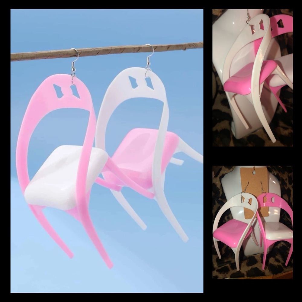 NEW! Huge Tacky Fun Weird Pink & White Chair Furniture Earrings 4.7” X 3”